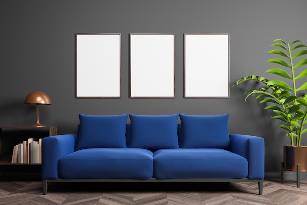 Photo modern scandinavian interior with blue sofa wooden floor gray wall and three blank posters mock up