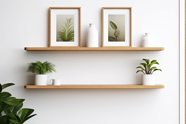 Photo modern scandinavian interior with mockup photo frame on bamboo shelf adorned with stylish hipster plant pots white walls chic floral shelfs