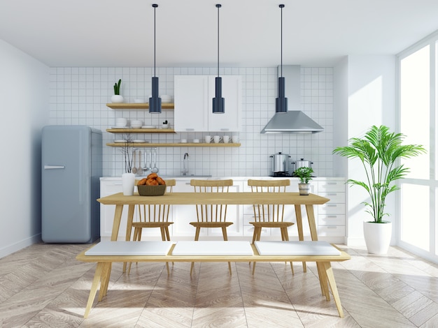 Фото Современная скандинавская кухня и интерьер столовой, деревянный стол и стул с белой стойкой