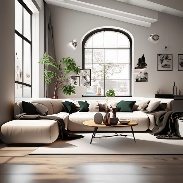 Modern scandinavian living room interior 3d render