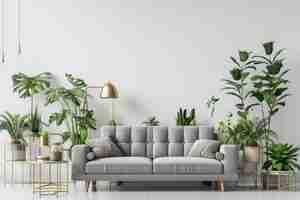 Photo modern scandinavian living room interior with grey sofa golden lamp and greenery plants in pots on