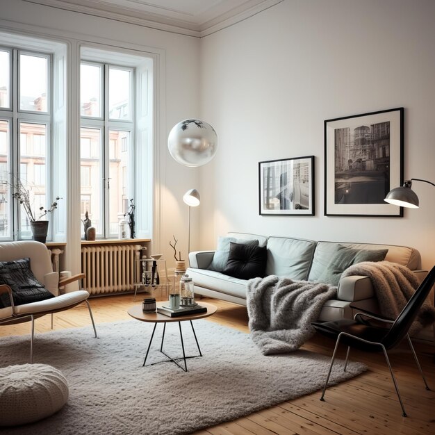 Photo modern scandinavian living room interior with sofa coffee table and posters