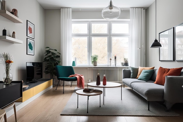 Modern scandinavian living room with clean and minimalist decor sleek furniture and pops of color