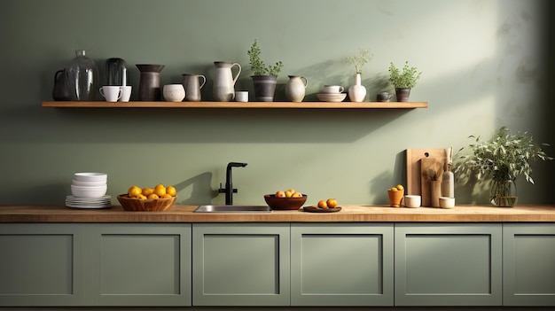 modern scandinavian style apartment interior kitchen design decoration with green pastel wall