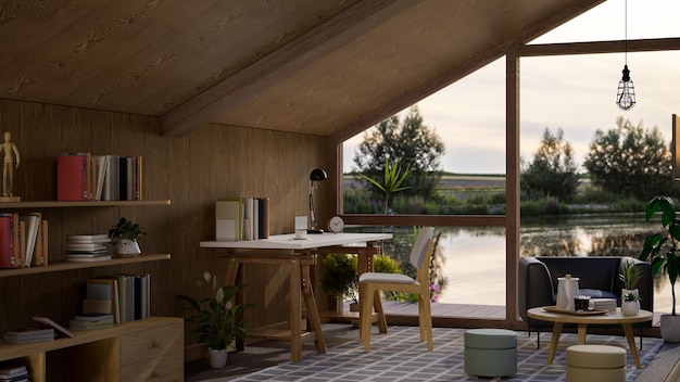 湖の景色を望む三角形の大きな窓のあるモダンなスカンジナビアの木造コテージのインテリアデザイン