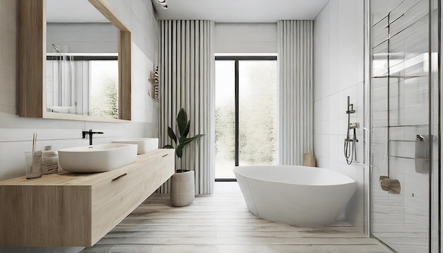 Foto un bagno moderno d'ispirazione scandinava con linee pulite, accenti in legno chiaro e apparecchiature eleganti che epitomizzano...