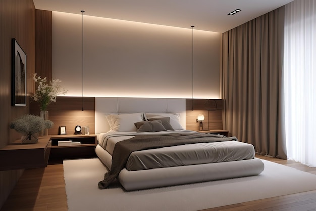 Modern Scandinavisch interieur van Slaapkamer houten bed en nachtkastje Slaapkamer in een minimalistische stijl eigentijdse slaapkamer Stijlvol slaapkamerinterieur Slaapkamer interieur 3d render Generatieve AI