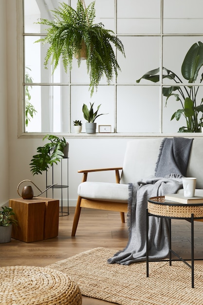 Modern Scandinavisch interieur van woonkamer met grijze designbank, fauteuil, veel planten, salontafel, tapijt en persoonlijke accessoires in een gezellig interieur..