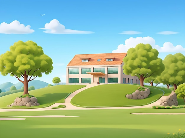 Modern school building with beautiful nature landscape Back To Education Concept Illustration