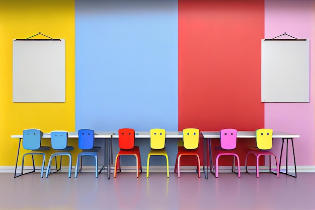 Современные школьные парты возле цветной стены Generative Ai