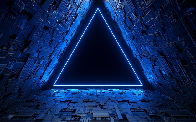 Фото Современный научно-фантастический космический корабль коридор туннель вход треугольник синий лазерный свет светящийся перспективный иллюстрационный фон 3d-рендеринг