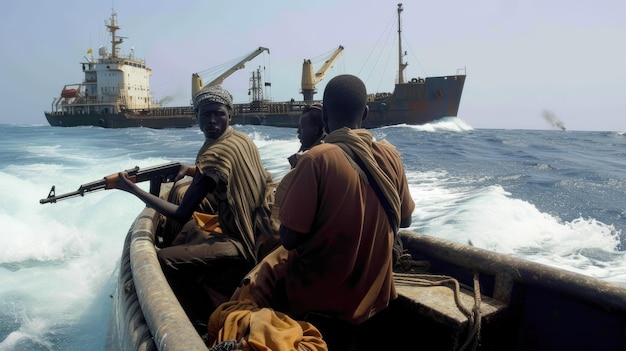 Photo modern sea pirates attacking cargo ship boat with armed people sails off coast of africa men holding machine gun in ocean concept of piracy business security and transportation