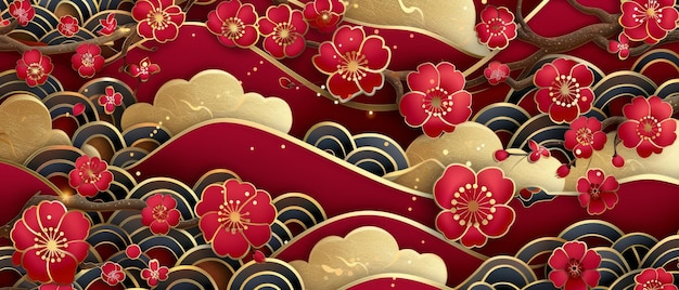 紅色と金色の伝統的なシンボルで, チェリーの花, ブッシュの雲, 花, バンブーの波など, 祝賀カードのための現代的なシームレスパターン