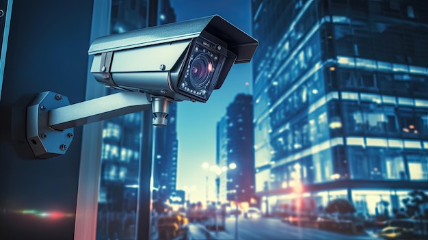 Modern security camera on a building in a city in the night