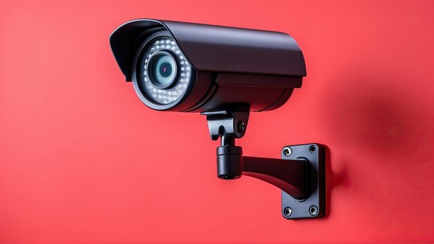 a modern security camera mounted on a red wall perfect for surveillance themed designs