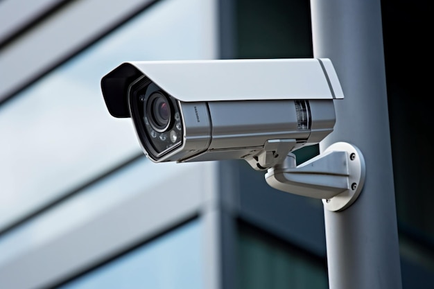 Modern security Camera mounted on the sleek building's exterior