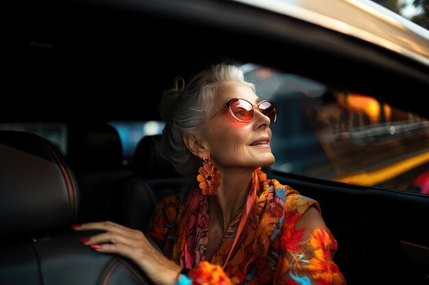 Modern senior woman riding in taxi