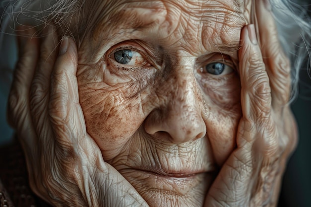 modern senior woman with hand on her face