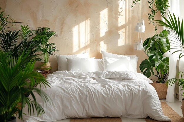 Современный спокойный интерьер спальни с удобной двуспальной кроватью