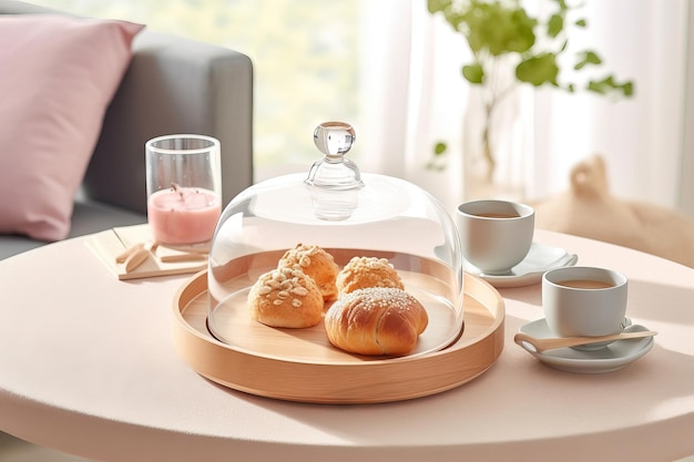Modern served tea table with biscuits and warm natural light