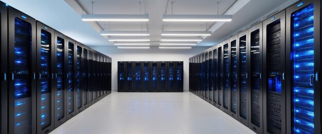 Photo a modern server room featuring sleek black racks with blue lighting effects