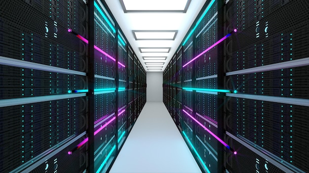modern server room interior in datacenter web network and internet telecommunication technology big data storage and cloud service concept 3d render