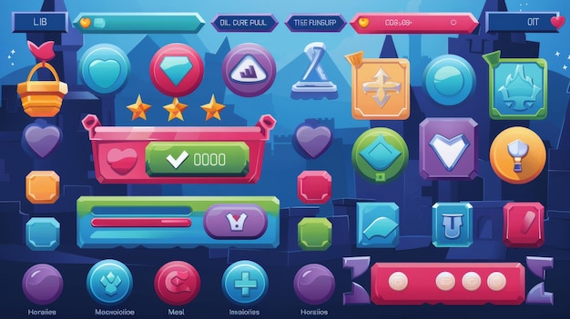 Современный набор мультфильмных элементов с глянцевыми кнопками и панелями Кругные кнопки с иконами полосами слайдерами стрелками и рамкой входа