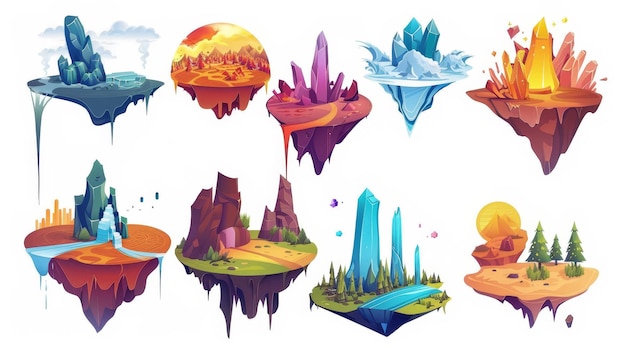 게임 레벨 지도 UI 디자인을 위한 현대적인 떠다니는 육지 섬 세트: 바위와 용암 숲, 강과 폭포, 보석, 크리스탈, 뜨거운 사막