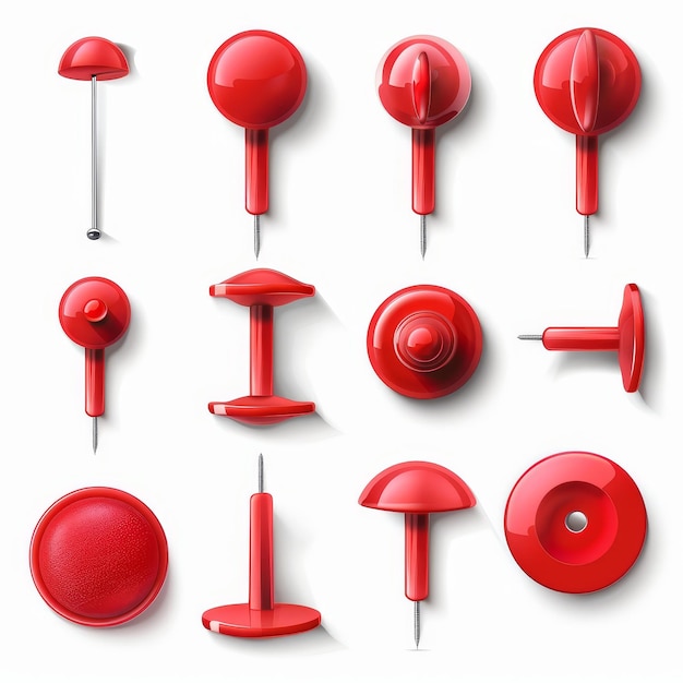 Photo modern set of realistic red push pins attach buttons on needles office thumbtacks and paper push pins stationery items paperwork equipment collection of secretary accessories on white