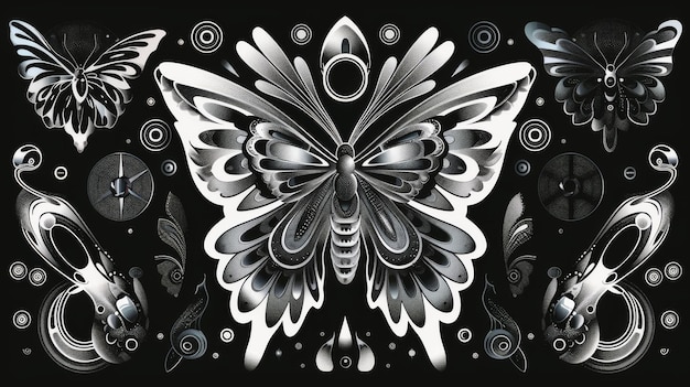 A modern set of techno banner layouts in 2000s aesthetic with gray tribal abstract graphics butterfly shape elements and text box on black background