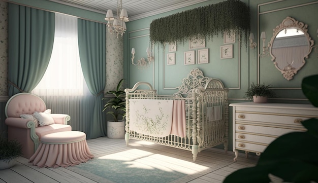 Modern shabby chic baby nursery interior design AI Generated image