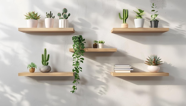 Modern shelves with books and cacti hanging on light wall