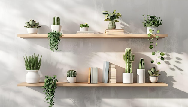 Modern shelves with books and cacti hanging on light wall