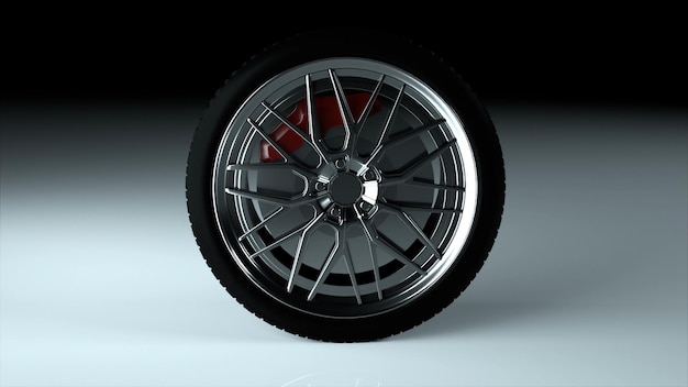 Modern and shiny car wheel on the surface stylish object 3d rendering computer generated backdrop