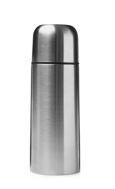 Photo modern silver thermos isolated on white tourist equipment