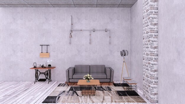 Современный простой дом с визуализацией дизайна интерьера с серым диваном, деревянным полом и цементной стеной