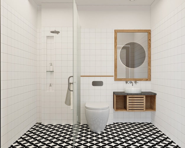 Design moderno e semplice per il bagno piccolo con piastrelle da parete e pavimento decorato