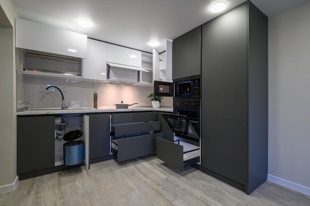 Modern simple trendy dark grey and white kitchen