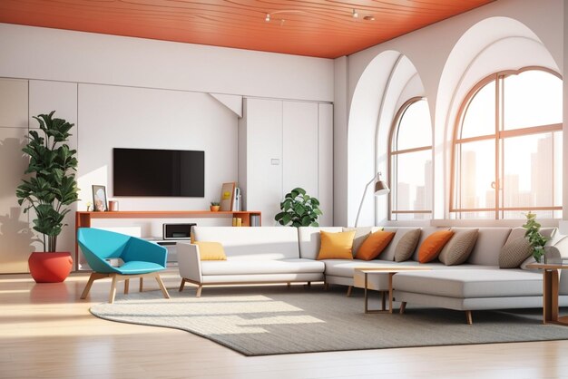 Modern and simple unique design bright interiors room 3d rendering illustration