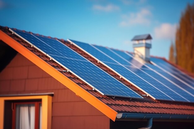 Современный дом на одну семью с солнечными панелями, использующими возобновляемые источники энергии, генерируемые искусственным интеллектом