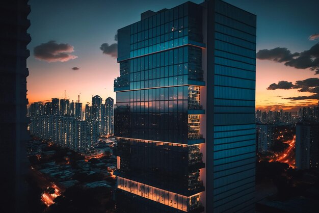 Modern skyline skyscape corporate buildings in sunset