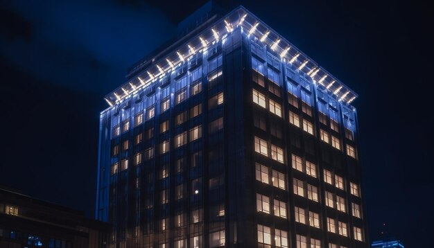 Photo modern skyscraper illuminates city skyline with futuristic architecture and reflection generated by artificial intelligence