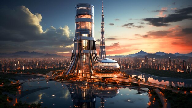 Modern skyscraper reflects futuristic air traffic control