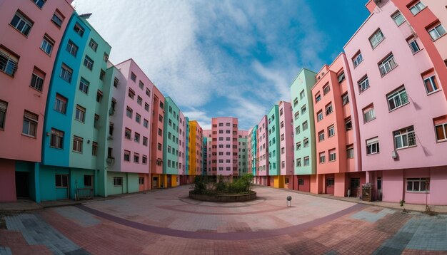 The modern skyscraper vibrant facade overlooks the historic cityscape generated by AI