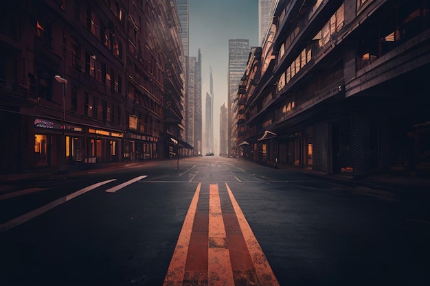 Modern skyscrapers illuminate night city vanishing into dark