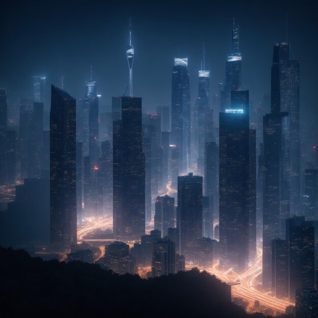 Modern skyscrapers illuminate night city