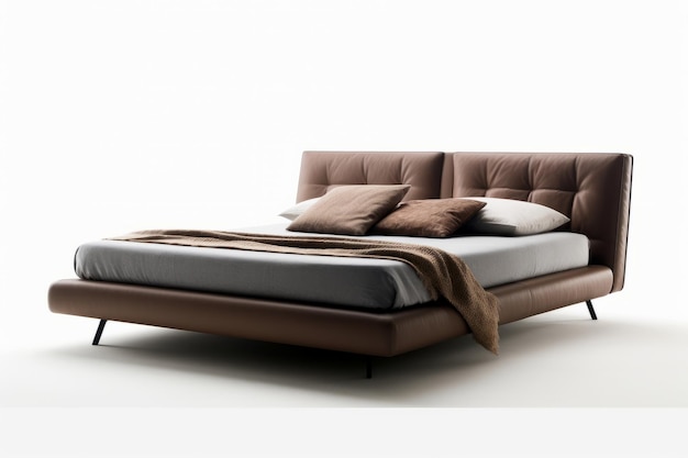 modern slaapkamerbed met kussens en deken op witte achtergrond