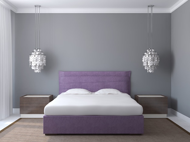 Modern slaapkamerinterieur met grijze muren en violet kingsize bed. 3D render.