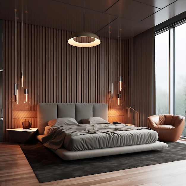 Modern slaapkamerinterieur met tweepersoonsbed en muur Generatieve AI