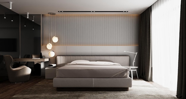 Modern slaapkamerontwerp. 3D visualisatie. luxe interieur. Dure meubels en decoratie